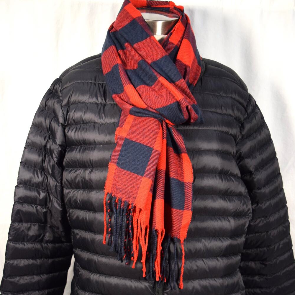 New Lands End Rectangle Winter Scarf Red & Black Check Acrylic Fringe 16" x 72"